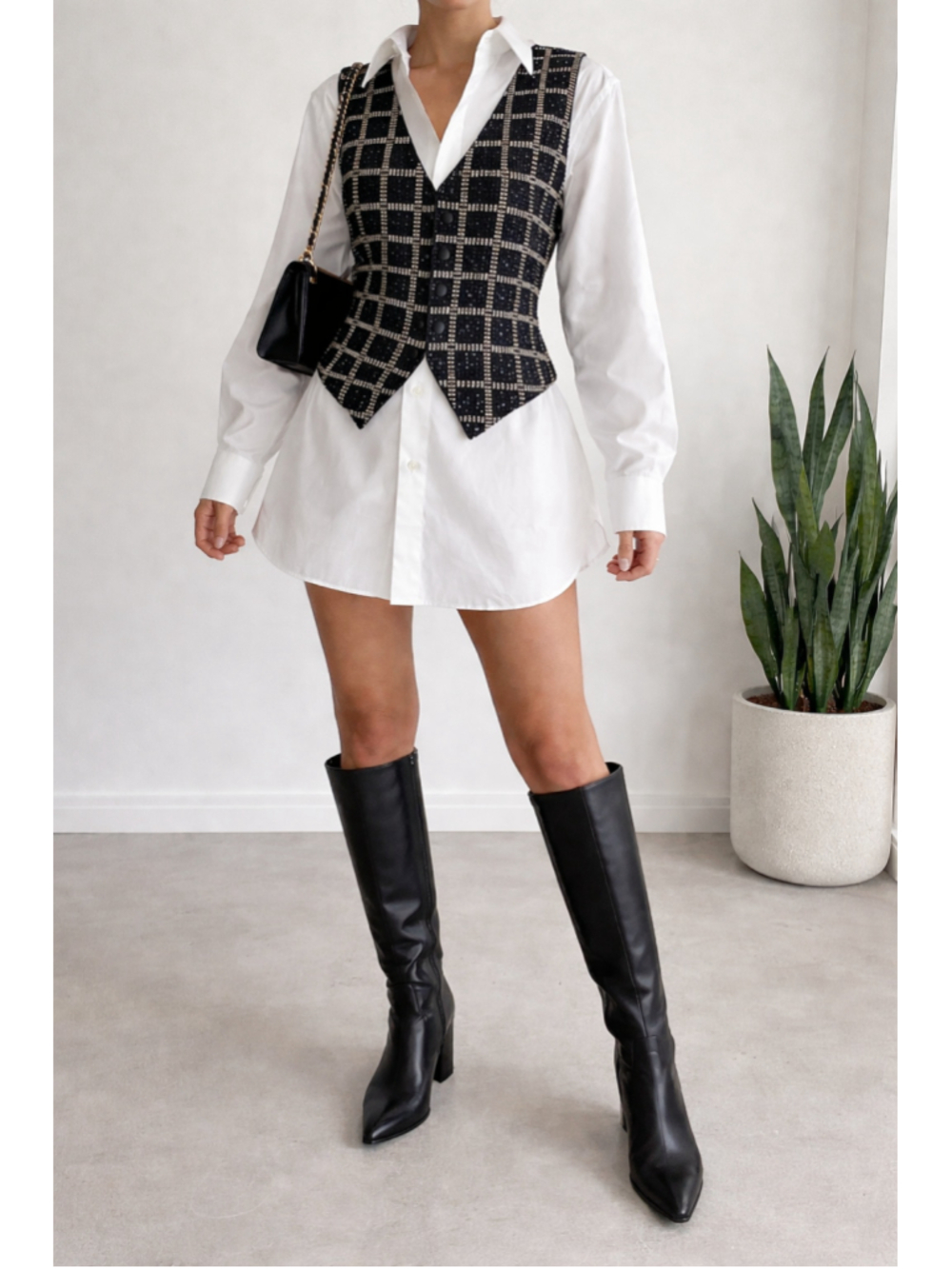NWT VTG Theo Sz M Vintage Beaded Vest Black White Check Twee Parisian Chic